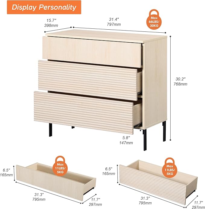 WAMPAT 31.5" W Fluted Dresser for Bedroom, Modern 3 Drawer Dresser TV Stand - Image 2
