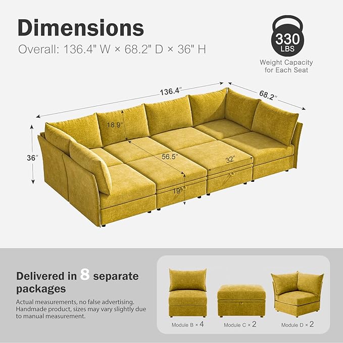ABCASA 136.4" Oversized Modular Sectional Sleeper Sofa Bed, U Shaped - Image 2
