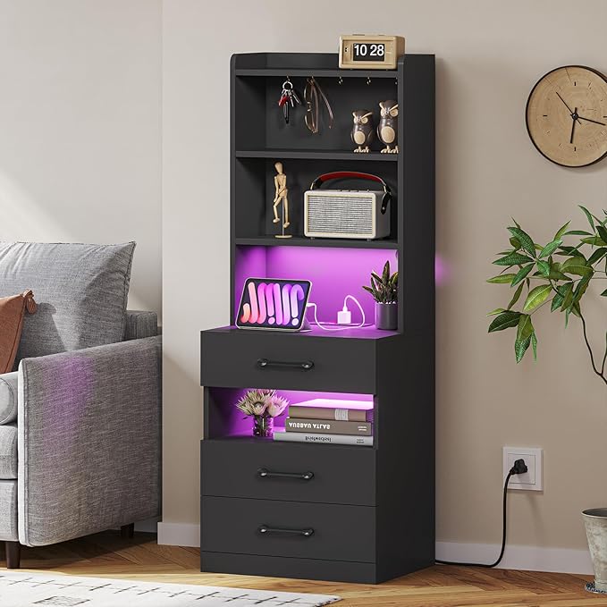 VIAGDO Tall Nightstand with Charging Station and LED Lights, Large Black Night - Image 7