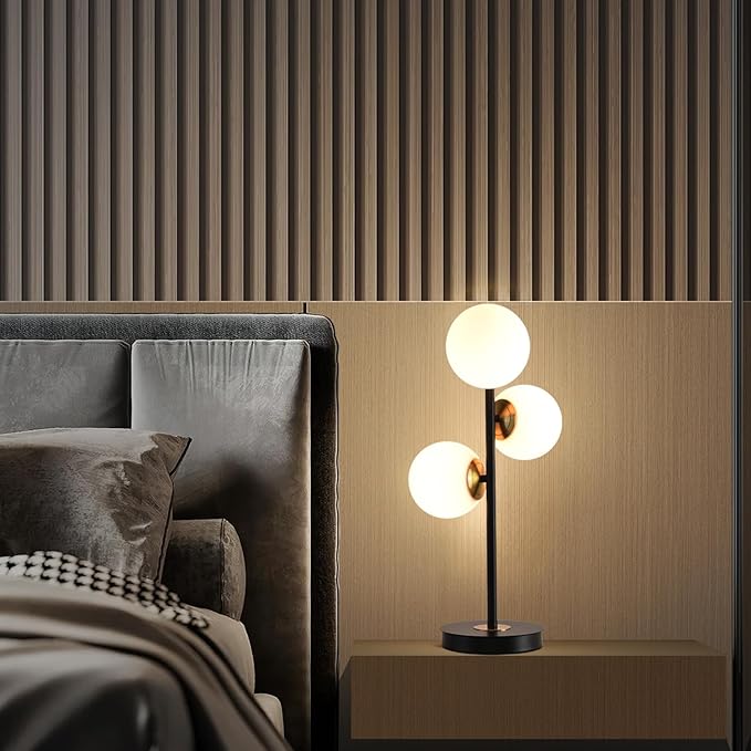 3-Light Black and Gold Table Lamp, Milk White Glass Globe Table Lamp - Image 9