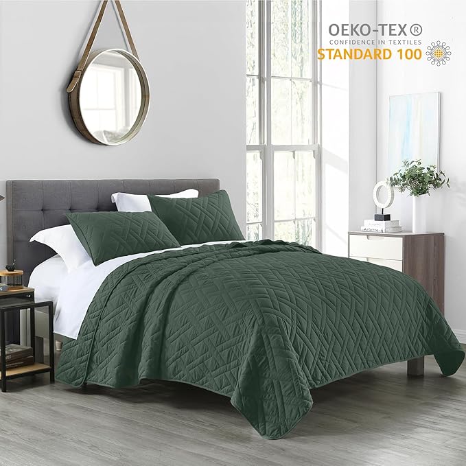 HORIMOTE HOME Quilt Set King Size Dark Green, Classic Geometric Diamond - Image 2