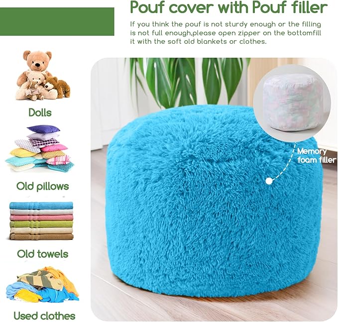HIGOGOGO Round Stuffed Pouf Ottoman, Long Faux Fur Poufs - Image 4