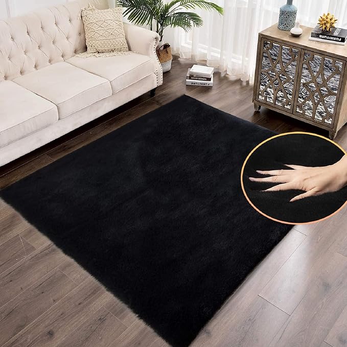 Black Fluffy Rug 5x8 Area Rugs for Bedroom Fuzzy Bunny Washable Fur Rugs for - Image 3