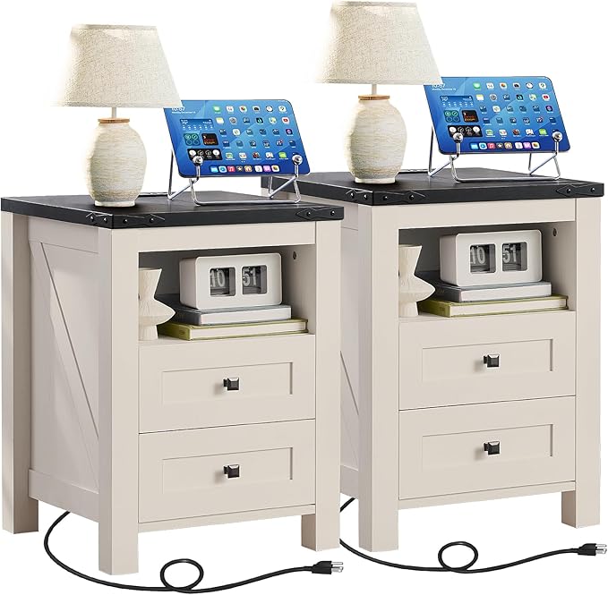 Joaxswe Night Stands with Charging Station Set of 2, Farmhouse Nightstand by Joaxswe