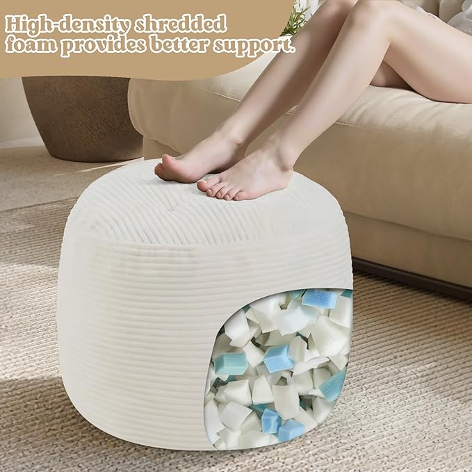MeMoreCool Round Pouf Ottoman – Beige Corduroy Footrest - Image 2
