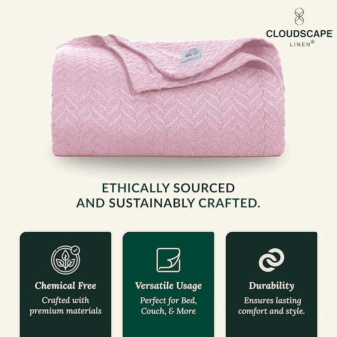 Cloud Scape Linen 100% Cotton Blanket 92x92 Seashell Pink - Image 5