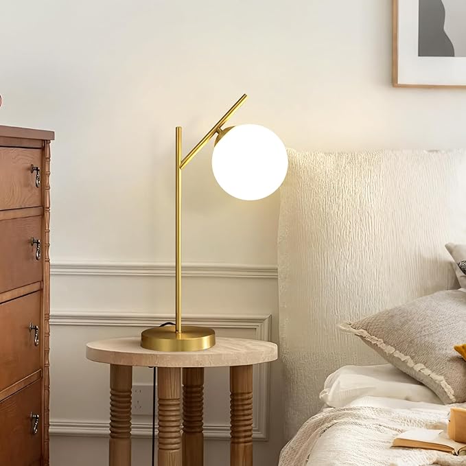 Mid Century Modern Table Lamp, 1 Light Brass Glass Globe Bedside Lamp, - Image 4