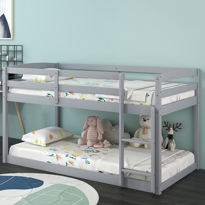 KOMFOTT Low Bunk Bed Twin Over Twin, Solid Wood Bunk Bed Frame - Image 3