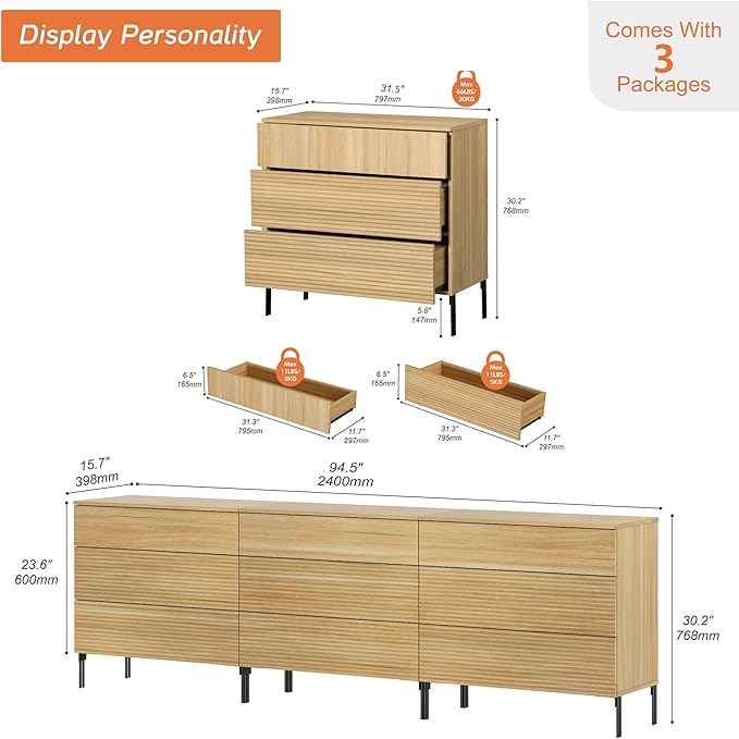 WAMPAT 94.5" W Fluted Dresser for Bedroom, Modern 9 Drawer Dresser TV Stand - Image 2