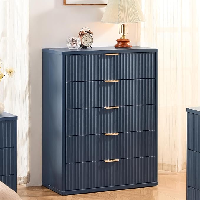 LEYAOYAO Fluted 5 Drawers Dresser Set of 2, Curved Profile Dresser TV Stand - Image 4