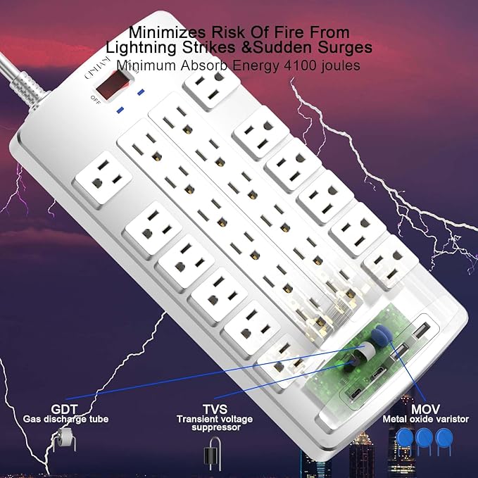 QINLIANF Surge Protector Power Strip - 10Ft Flat Plug Heavy Duty Extension Cord - Image 5