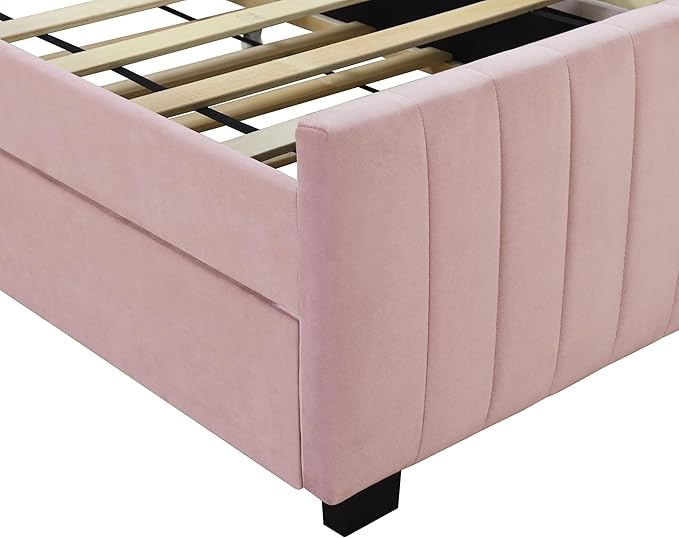 Twin Size Bed Frame with Trundle Bed, Velvet Upholstered Bed Frame, Twin Size - Image 7