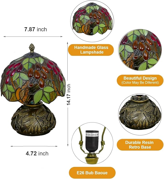 Small Tiffany Table Lamp Stained Glass Nightstand Lamps Bedside Purple Grape - Image 3