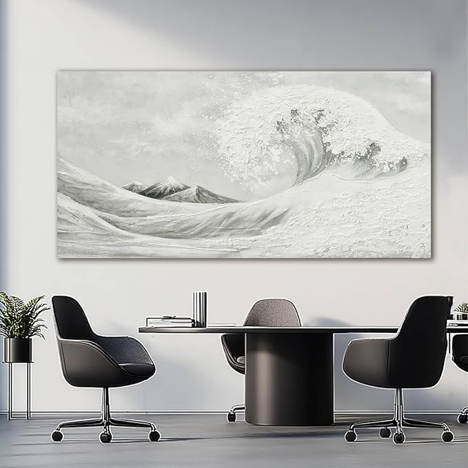 YETHEN WAL Neutral Grey Wave Wall Art – Textured Coastal Canvas Print - Image 2