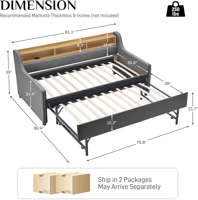 Twin Size Daybed with Pop Up Trundle Bed, Linen Upholstered Day Bed Frame with - Image 2