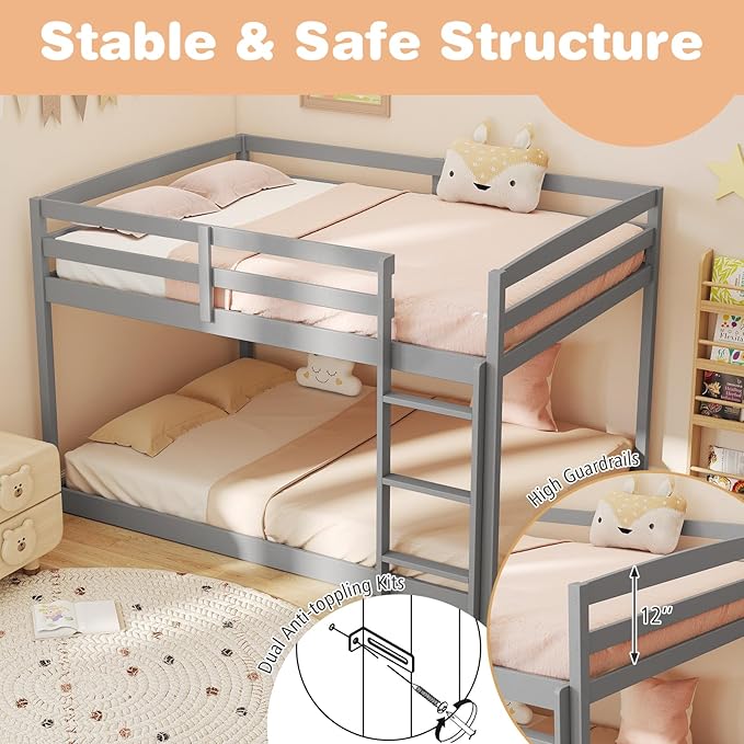 KOMFOTT Low Bunk Bed Full Over Full, Solid Wood Full Bed Frame - Image 7