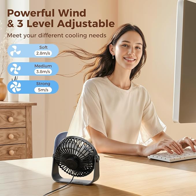 TriPole USB Desk Fan Portable Mini Fan Powerful 3 Speeds Wind Personal Desktop - Image 2