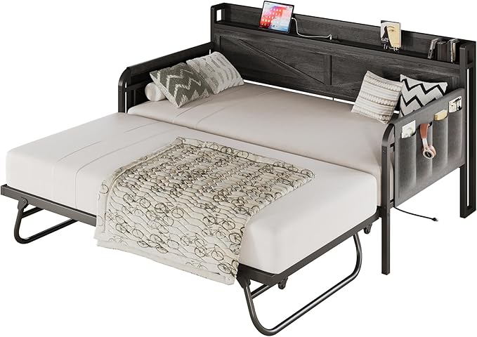 LIKIMIO Twin Daybed with Trundle Bed, Storage Headboard with Charging Station by LIKIMIO