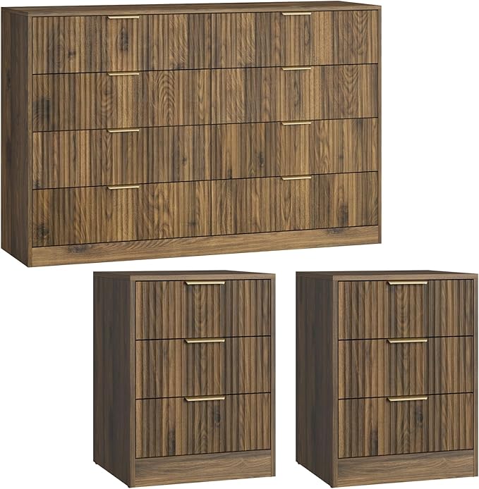 8 Drawer Dresser & 3 Drawer Nightstand Set 3-Piece, Tall Fluted Dresser and - Image 8