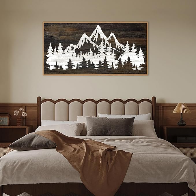 LHIUEM Large Mountain Tree Framed Canvas Wall Art, Modern White Forest Art - Image 5