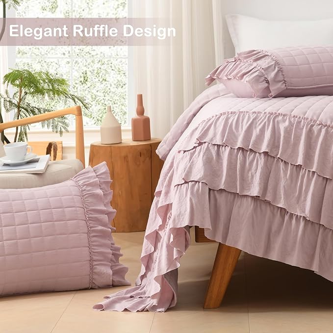 HORIMOTE HOME Dusty Pink Ruffled Quilt Set King Size, Classic Geometric Square - Image 5