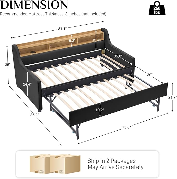 Twin Size Daybed with Pop Up Trundle Bed, Linen Fabric Upholstered Day Bed - Image 2