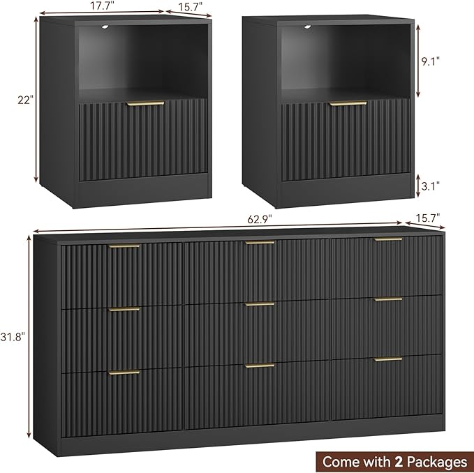 3-Piece Fluted Black Dresser and Nightstand Set, 63” Wide Bedroom Dresser Set - Image 3
