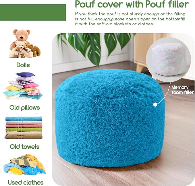 HIGOGOGO Round Stuffed Pouf Ottoman, Long Faux Fur Poufs - Image 4