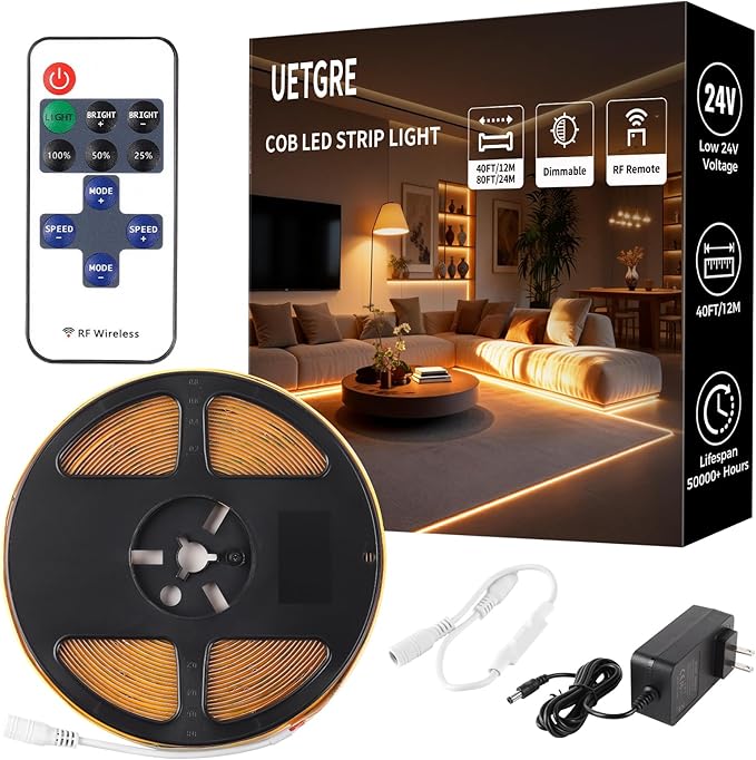 40Ft COB LED Strip Lights, Warm White 3000K Dimmable LED Light Strip by Unknown