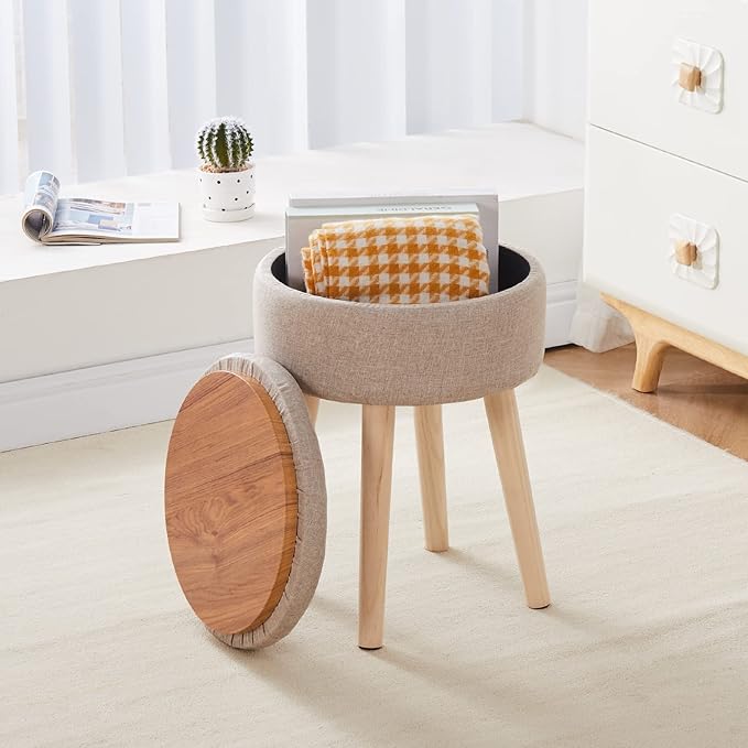 Mxfurhawa Storage Ottoman Linen Round Vanity Stool Tray Top Modern Foot Stool - Image 9