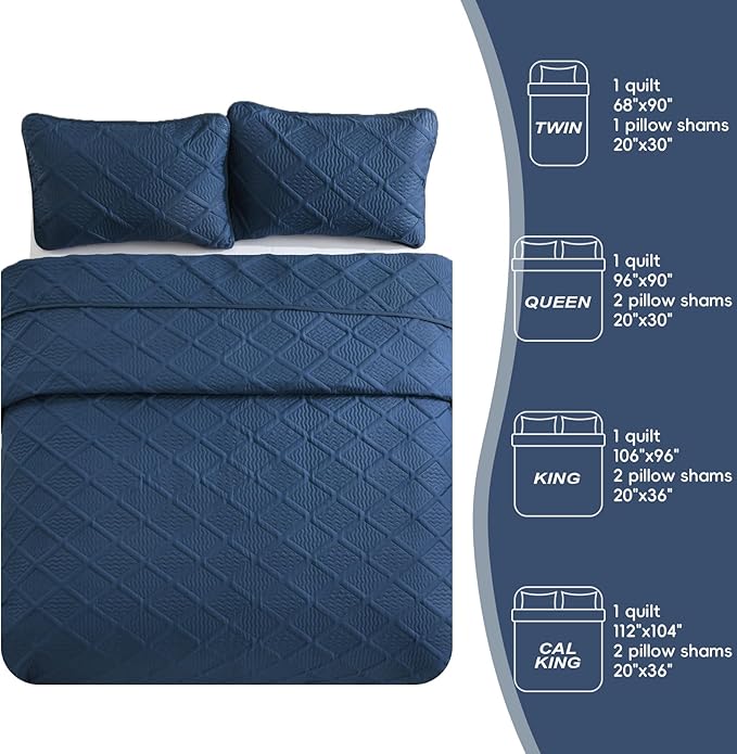 Yiran Quilt Queen Size Bedding Set Navy Blue Bedspreads Embossed Diamond - Image 8