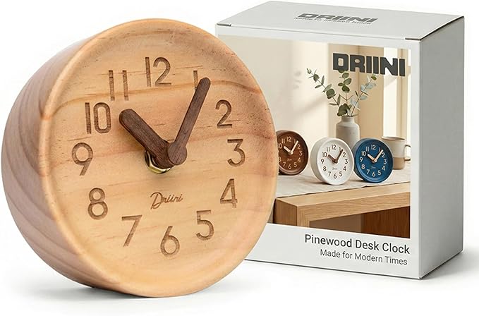 Driini Wooden Analog Desktop Clock – 4.3 in. Decorative Pinewood, No-Tick by Driini
