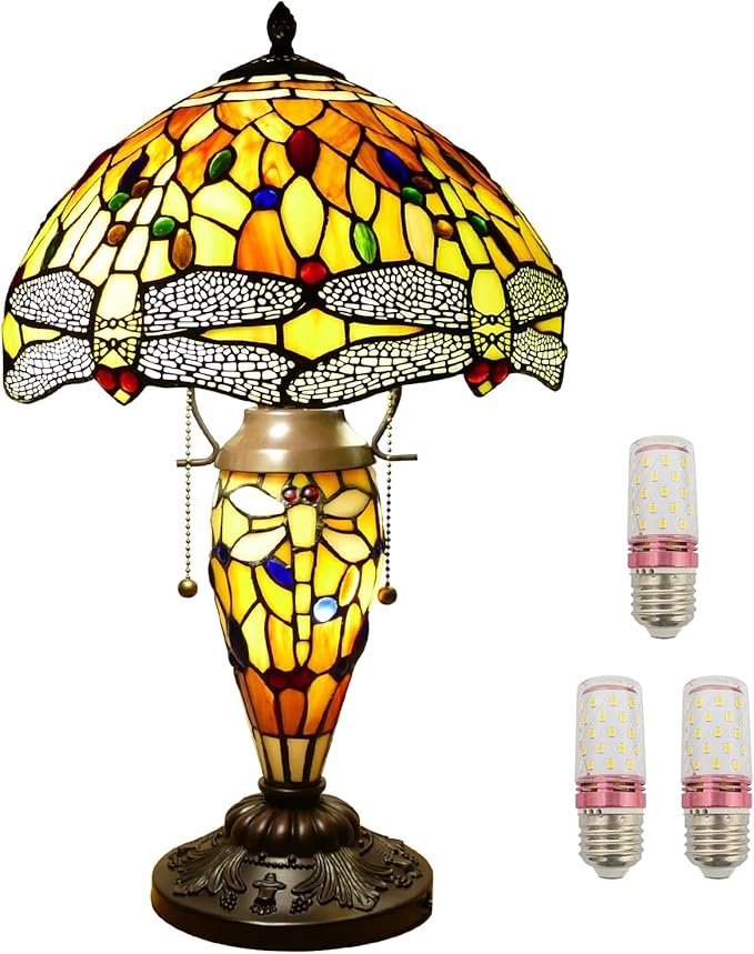 Tiffany Table Lamp 3 Lights Dragonfly Stained Glass Table Lamp Victorian - Image 9