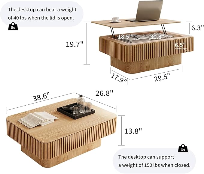 LKTART Lift Top Coffee Table for Living Room, Accent Fluted Coffee Table - Image 2
