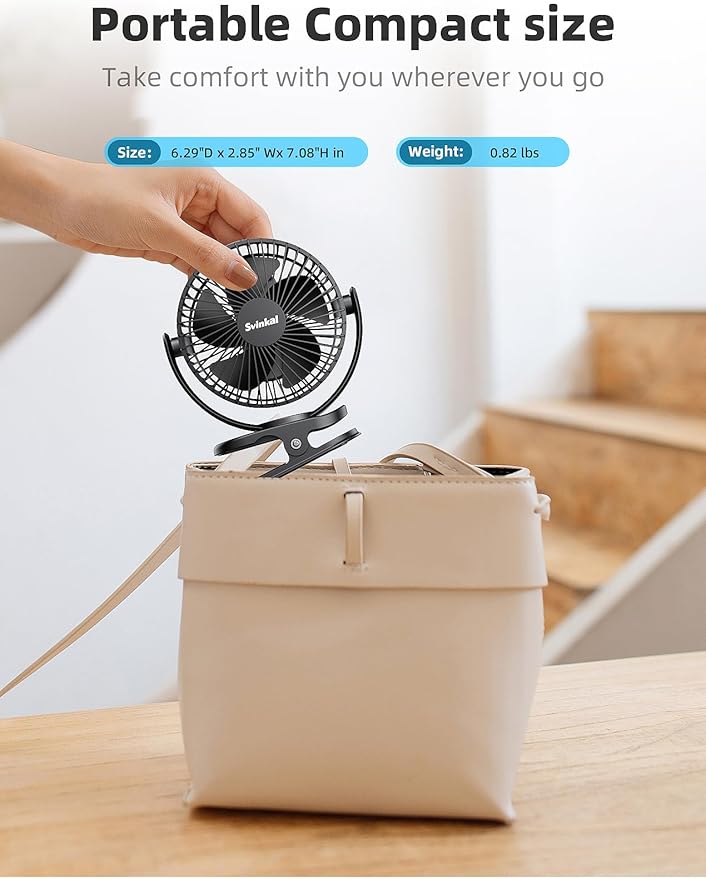 Svinkal USB Portable Clip on Fan, 2400mAh Battery Type-C 6in, 3 Speed 720° - Image 4