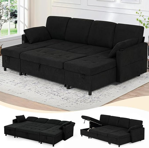 110" Fabric Pull-Out Couch Bed w/Adjustable Backrests, Sectional Sleeper Sofa by LESOFAIR