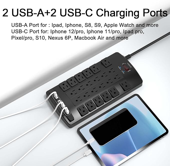 QINLIANF Surge Protector Power Strip - 10Ft Flat Plug Heavy Duty Extension Cord - Image 3