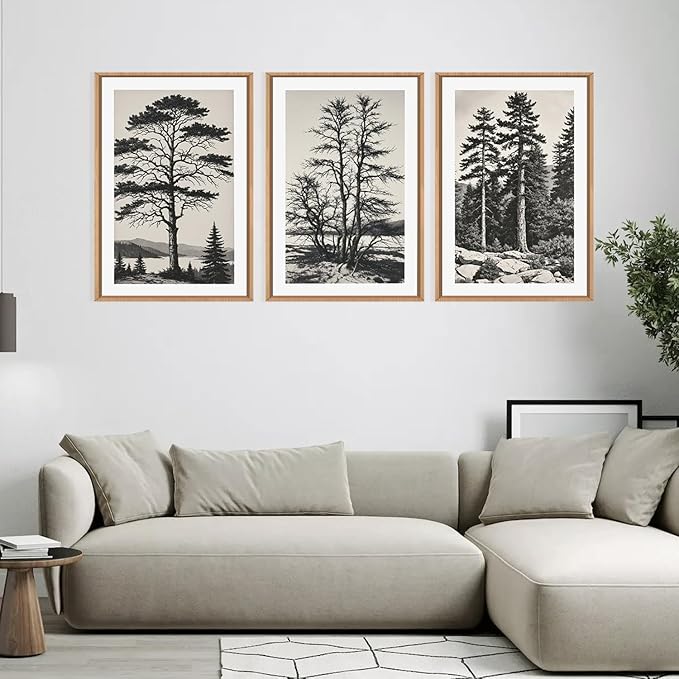 LHIUEM Large Vintage Sketch Tree Framed Wall Art Set, Antique Black and White - Image 3