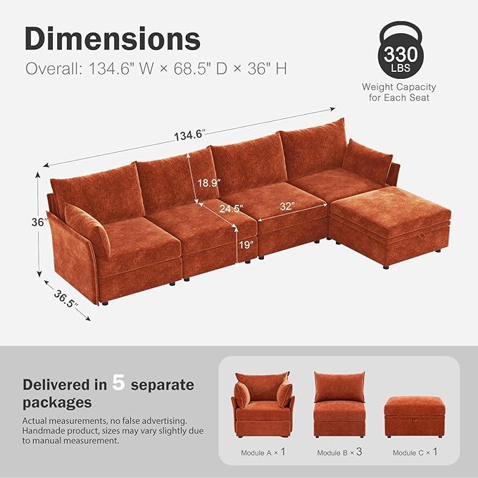 ABCASA 134.6" Luxury Modular Sectional Convertible Sofa - Image 2