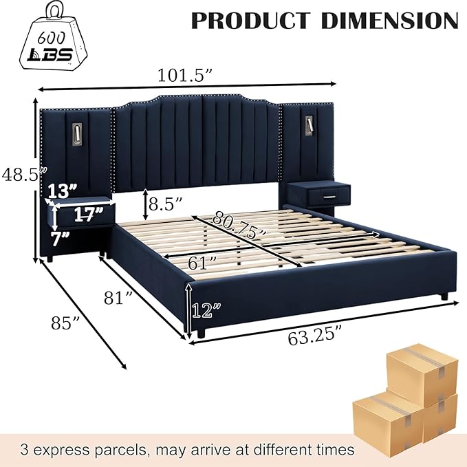 Luxury Queen Bed Frame with Headboard and Storage, Velvet Fabric Upholstered - Image 2