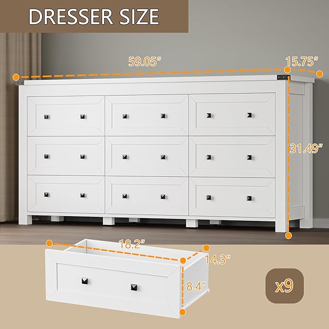 BORNOON 9-Drawer Dresser, Modern Wooden Storage Chest of Drawers, Dresser TV - Image 2
