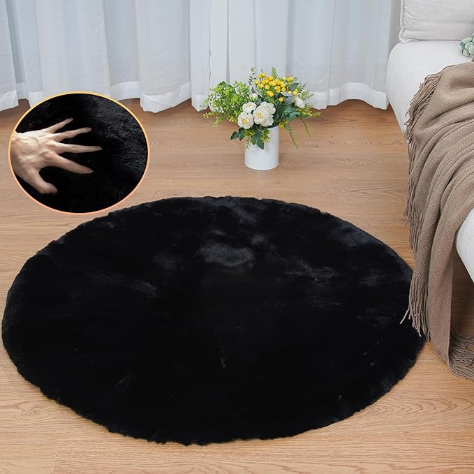 Black Rabbit Shaggy Fur Rug for Bedroom Washable Furry Circle Area Rugs for by ORINOVA
