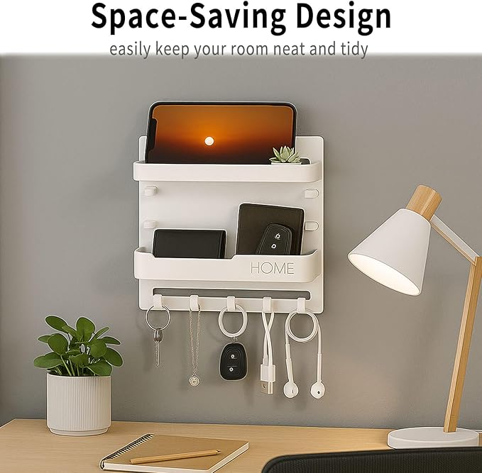 Wall Mount Bedside Shelf with Hooks, Adhesive Bedroom Organizer Storage - Image 3