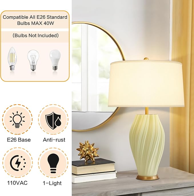 Modern Textured Ceramic Large Table Lamps 26.75", Sage Green Plug in Table Lamp - Image 5