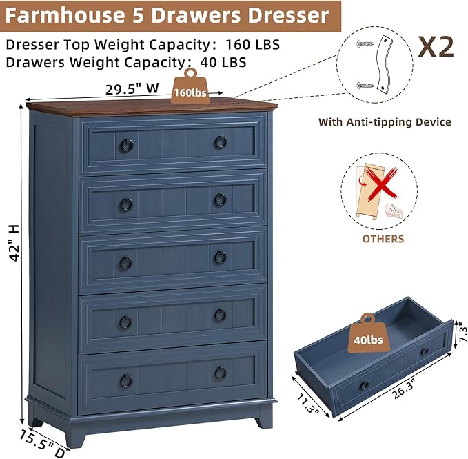 Farmhouse 5 Drawer Dresser for Bedroom Set of 2, Rustic Wood Dresser - Image 2