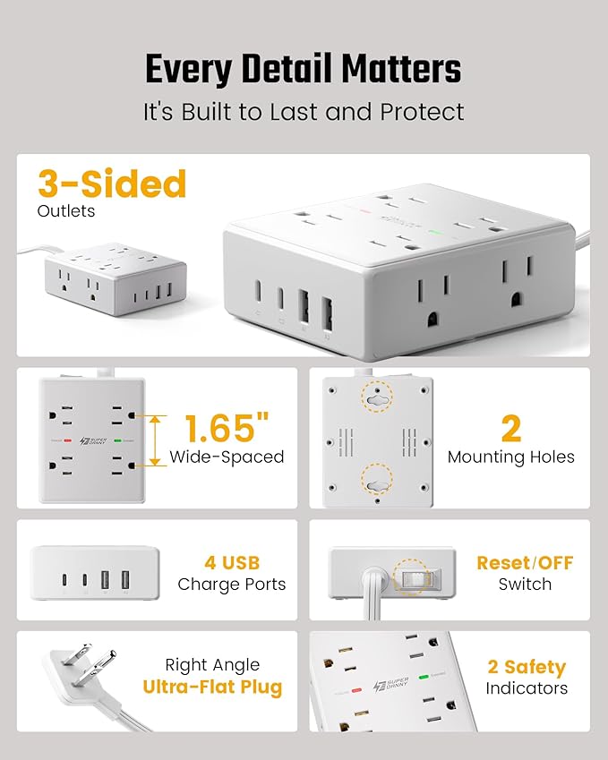 10Ft Extension Cord with Multiple Outlets, Flat Plug Surge Protector Power - Image 8