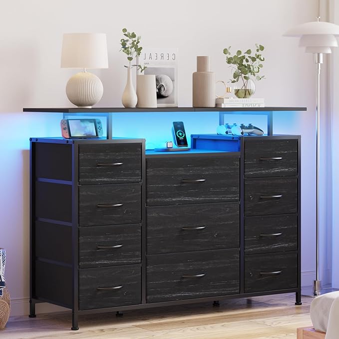 LUMTOK 11 Drawers Dresser with Fabric Drawers, Charging Station, LED Lights and by LUMTOK