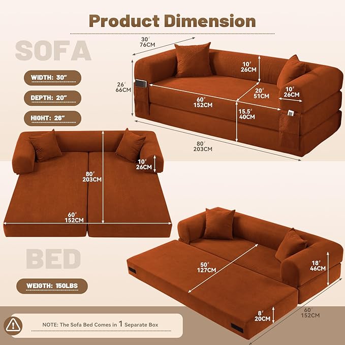 Convertible Sleeper Sofa Bed, Corduroy Pull Out Couch - Image 3