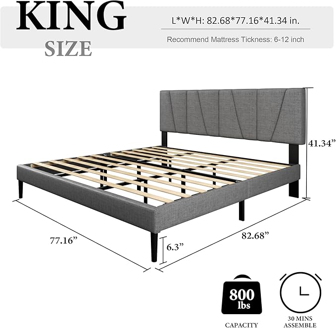 King Size Bed Frame with Fabric Upholstered Headboard, Platform Bed with Wooden - Image 2