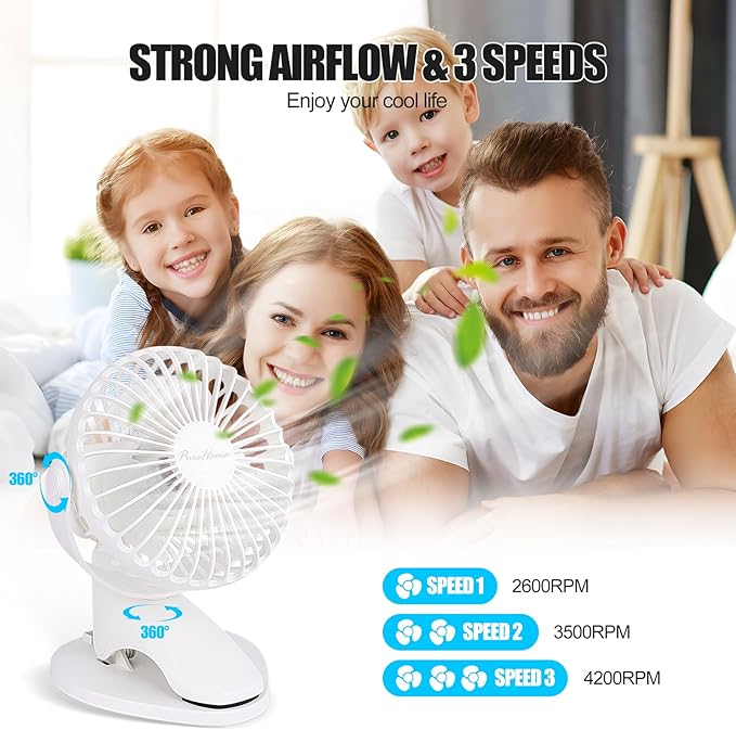 Portable Clip Fan Battery Operated, 3 Speeds USB Rechargeable Mini Table Fan - Image 3